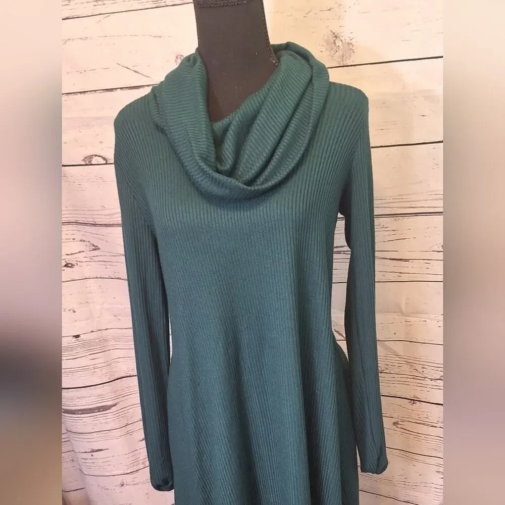NWT Nine Britton Ribbed Cowl Neck Dark Green Sweater Dress sz.L  #1469
